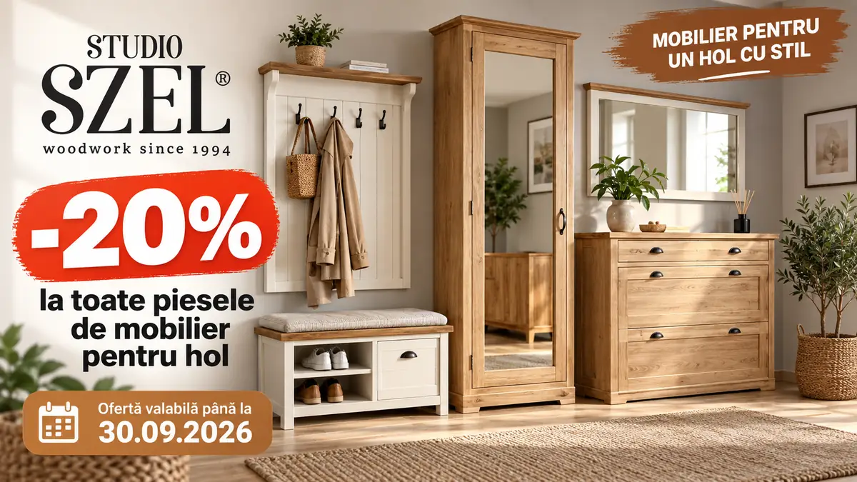 Mobilier pentru hol Studio Szel, cuier, oglindă și comodă din lemn, promovate cu reducere de 20%.