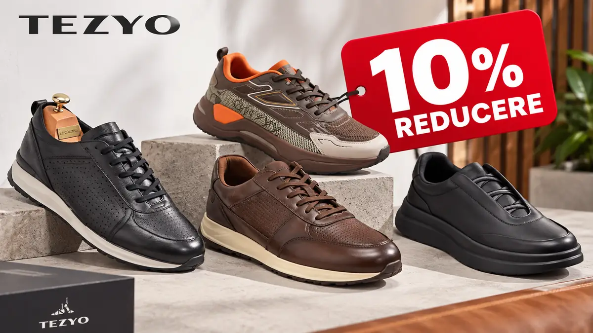 Patru pantofi sport Tezyo expuși pe suporturi, alături de eticheta roșie cu 10% reducere.