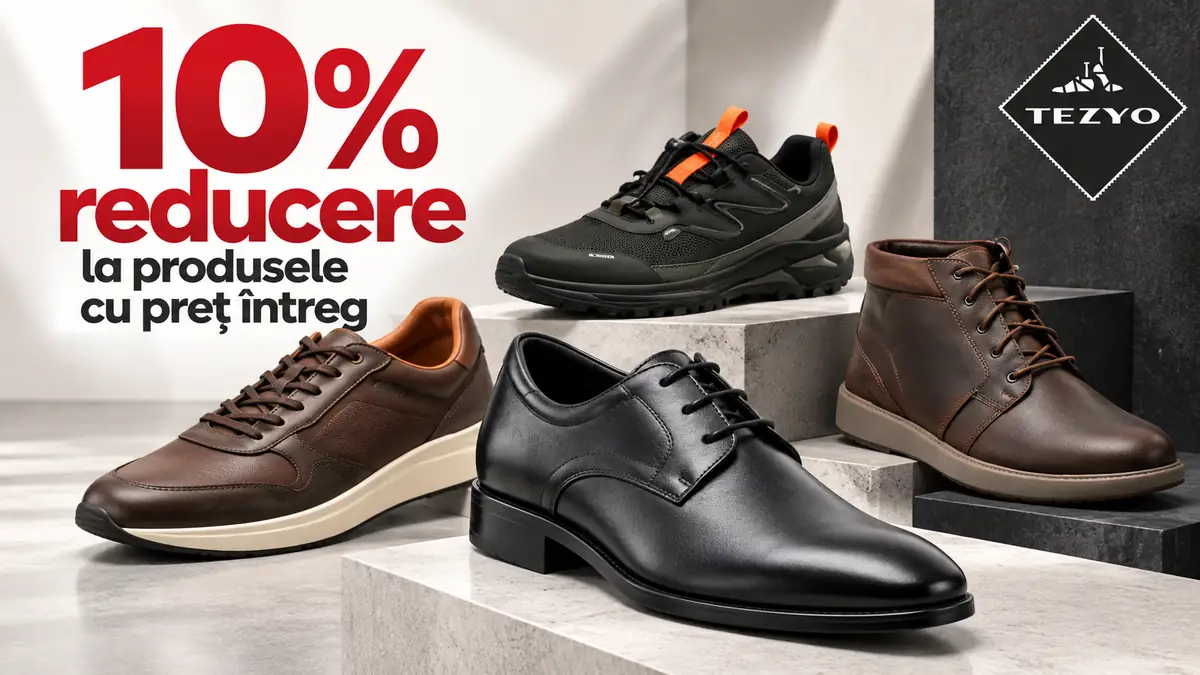 Patru pantofi bărbătești Tezyo, sport și eleganți, în nuanțe de maro și negru, cu mesajul „10% reducere”.