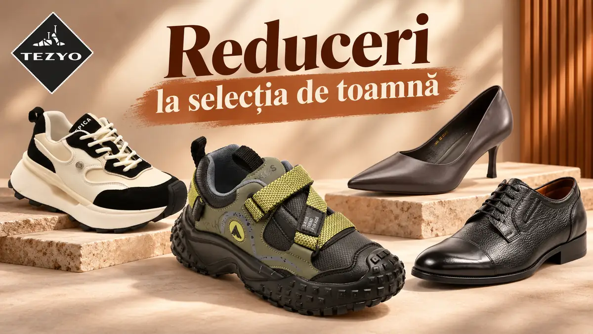 Selecție de încălțăminte Tezyo pe fundal cald, cu mesajul „Reduceri la selecția de toamnă”.