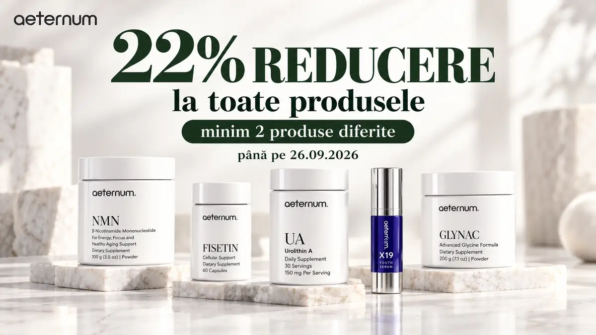Produse Aeternum pentru wellness și suplimente, cu mesaj de 22% reducere la minimum 2 produse diferite.