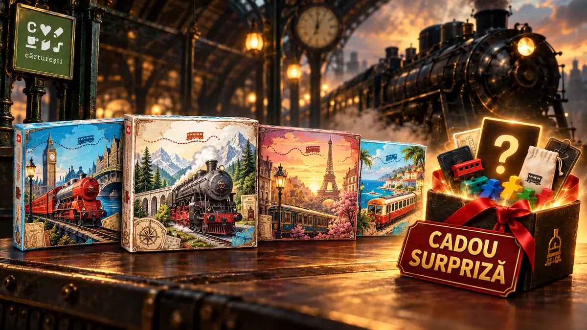 Jocuri Ticket to Ride lângă un cadou surpriză cu accesorii, pe fundal de gară, cu logo Cărturești.