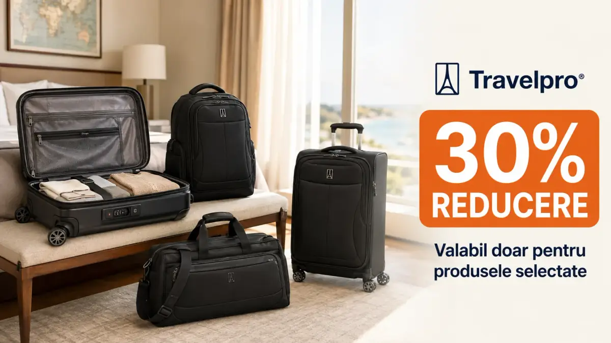 Bagaje Travelpro pregătite într-o cameră de hotel, cu 30% reducere la produsele selectate.