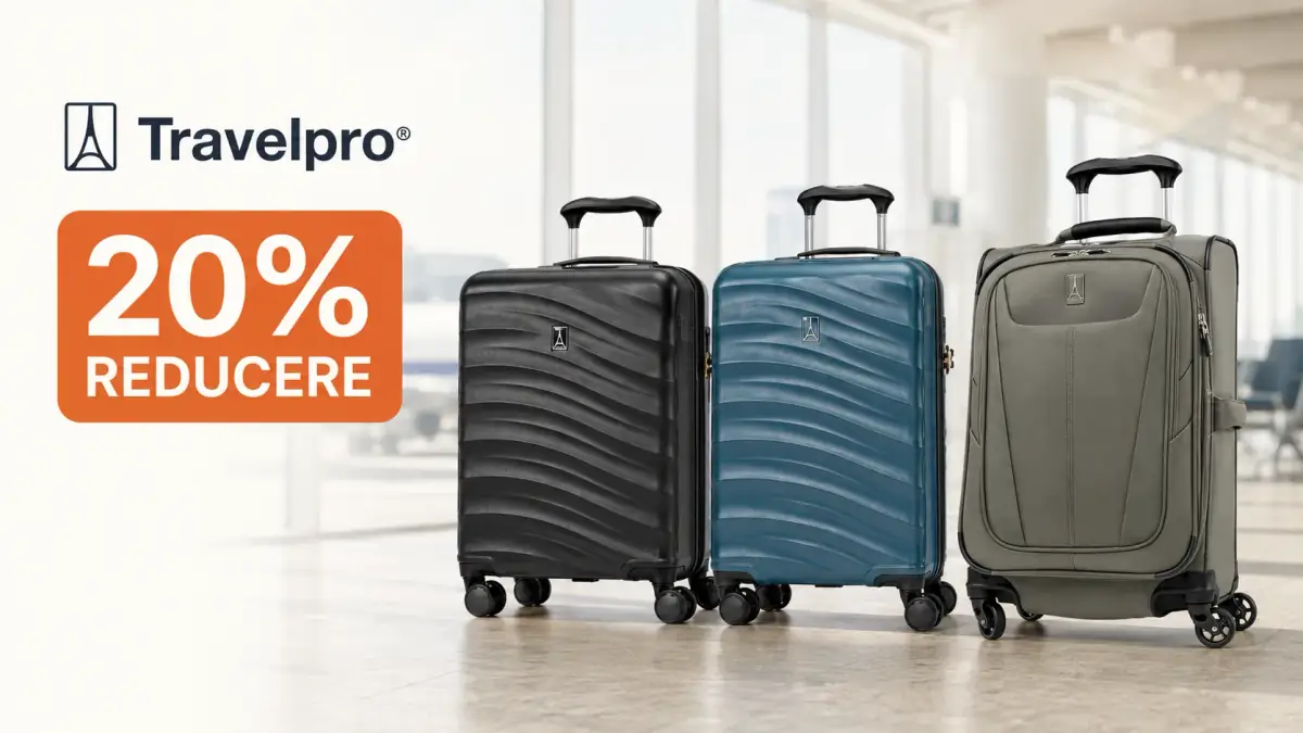 Banner Travelpro cu trei valize de călătorie într-un aeroport și mesajul „20% reducere