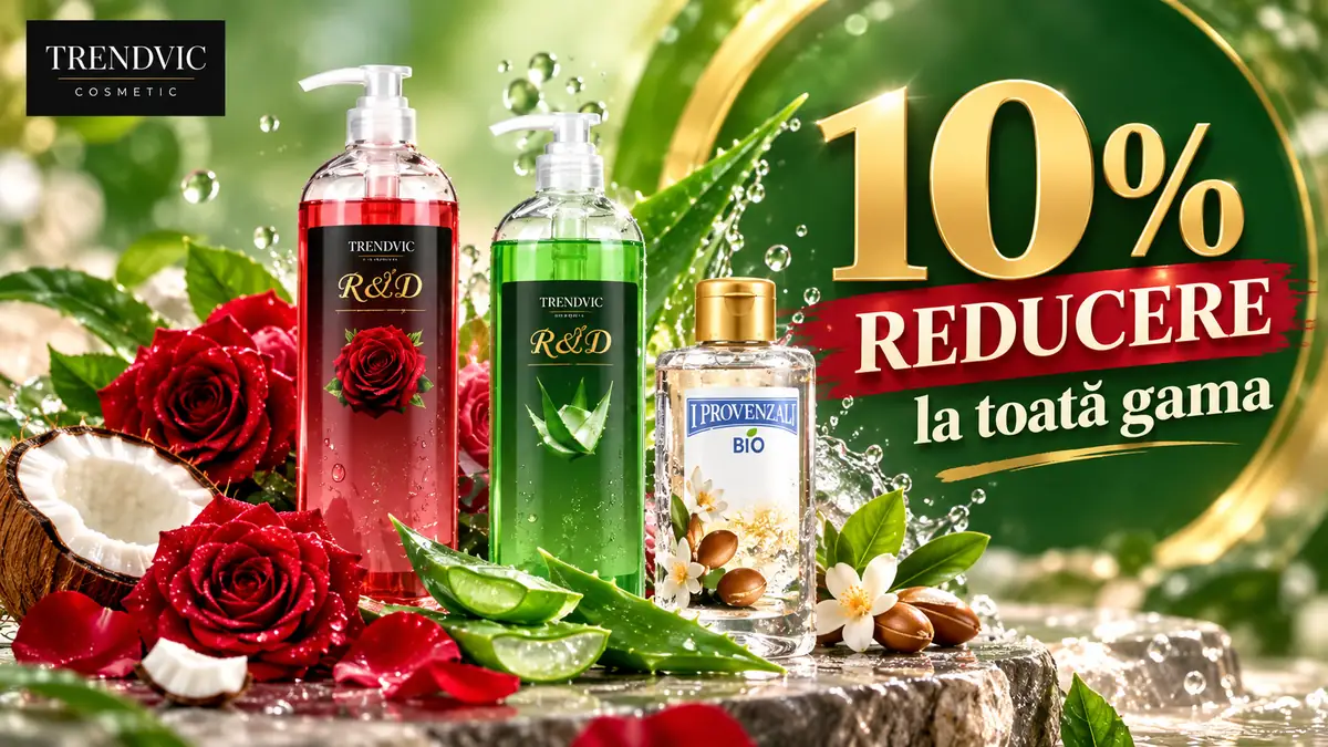 Produse cosmetice Trendvic și I Provenzali, cu trandafiri, aloe vera și cocos, promovate cu 10% reducere la toată gama.