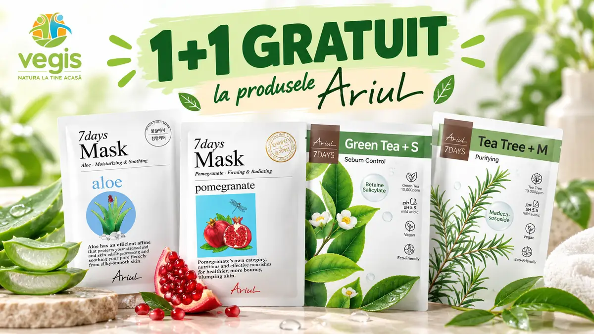 Măști faciale Ariul expuse alături de aloe și rodie, cu mesajul 1+1 gratuit și logo Vegis.
