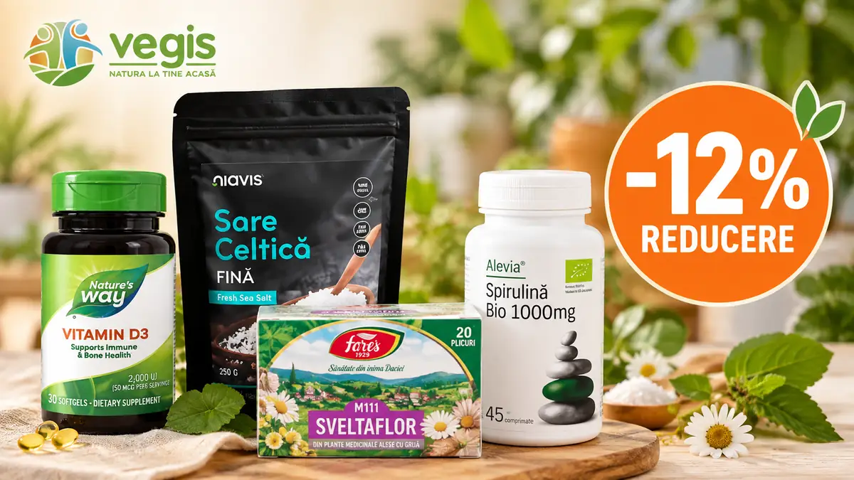 Produse Vegis: vitamina D3, sare celtică, ceai Sveltaflor și spirulină, alături de eticheta -12% reducere