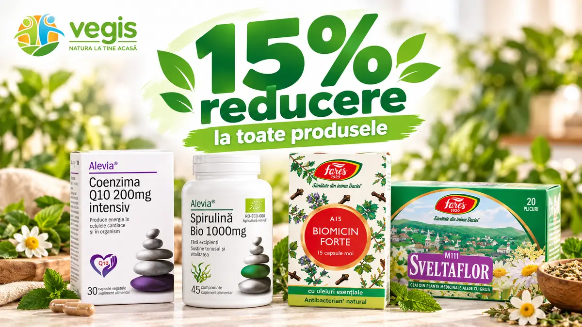 Produse naturiste Vegis Alevia și Fares, cu plante decorative și mesaj mare „15% reducere la toate produsele”.