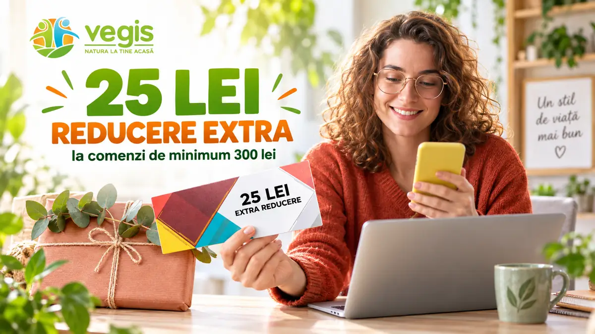 Femeie cu telefon și laptop, voucher Vegis și text „25 lei reducere extra” lângă un cadou.