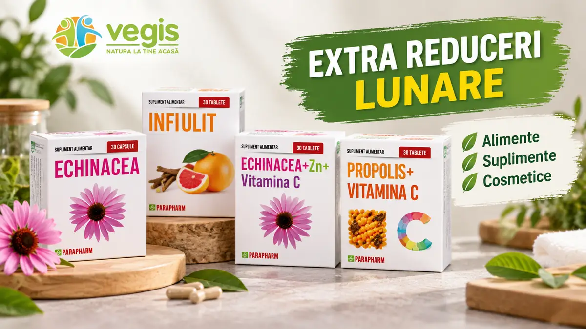 Patru cutii de suplimente, logo Vegis și textul „Extra reduceri lunare” pentru alimente, suplimente și cosmetice.