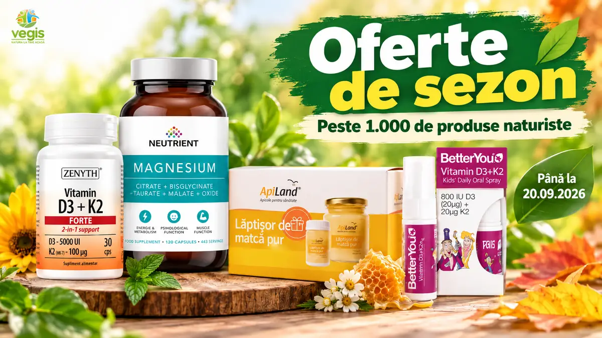 Produse naturiste Vegis cu vitamine, magneziu și lăptișor de matcă, promovate în campania Oferte de sezon.