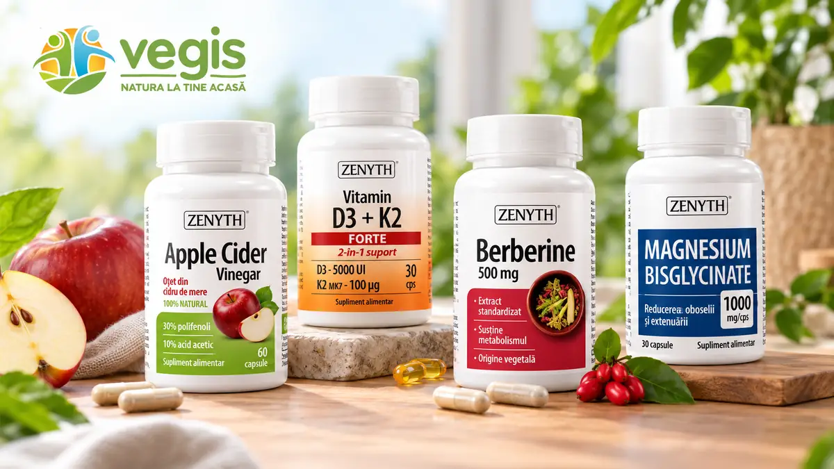 Patru flacoane Zenyth cu vitamine și suplimente, alături de mere, capsule și logo-ul Vegis.