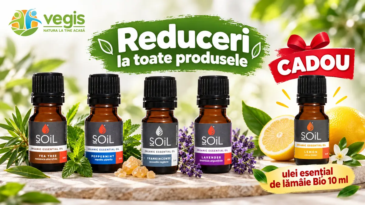 Patru uleiuri esențiale SOiL și un ulei de lămâie cadou, cu lămâi, plante și mesajul reducerilor Vegis.