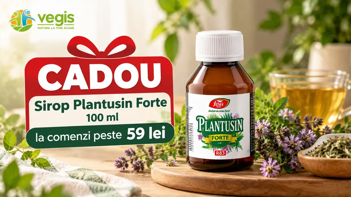 Logo Vegis, mesaj CADOU, sirop Plantusin Forte 100 ml, ceai și plante, la comenzi peste 59 lei.
