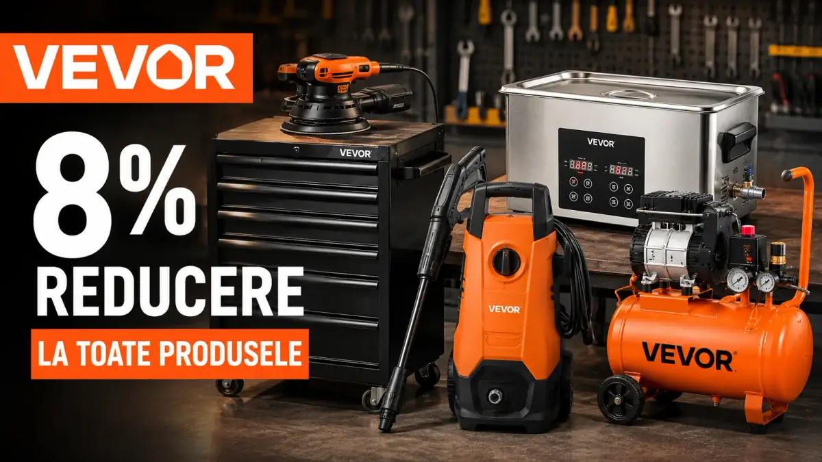 Produse VEVOR pentru atelier și bricolaj, promovate cu reducere de 8% la toate produsele.