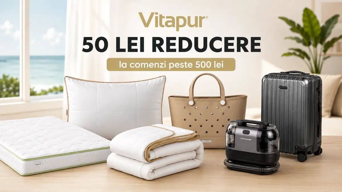 Banner promoțional Vitapur cu reducere de 50 lei la comenzi de peste 500 lei, prezentând topper, pernă, pilotă, geantă, aparat de curățare și troller.