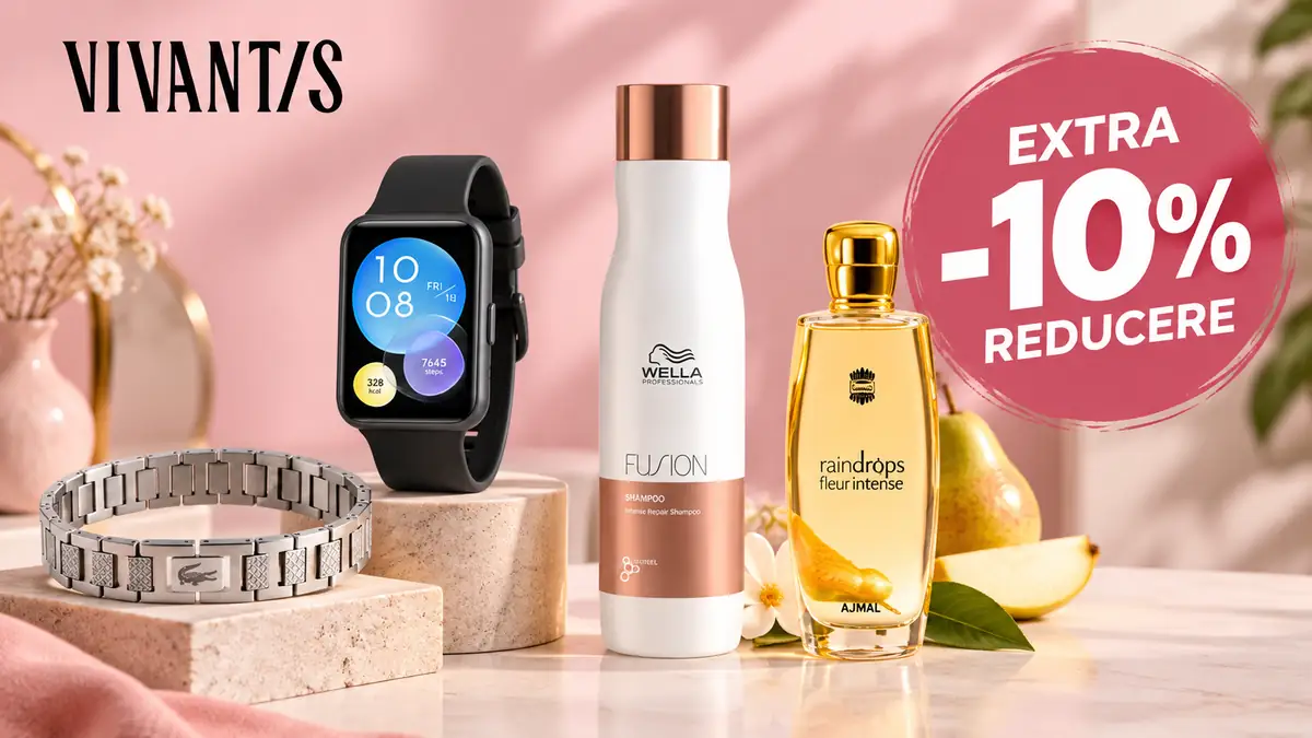 Banner Vivantis cu brățară, ceas smart, șampon Wella, parfum Ajmal și badge roz „Extra -10% reducere