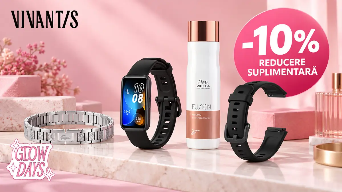 Banner Vivantis Glow Days cu brățară, smartwatch, șampon Wella și curea neagră, plus reducere suplimentară de 10%.
