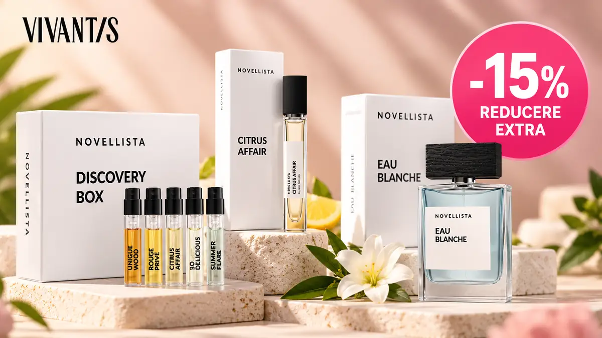 Parfumuri Novellista, Discovery Box, Citrus Affair și Eau Blanche, cu mesajul -15% reducere extra.