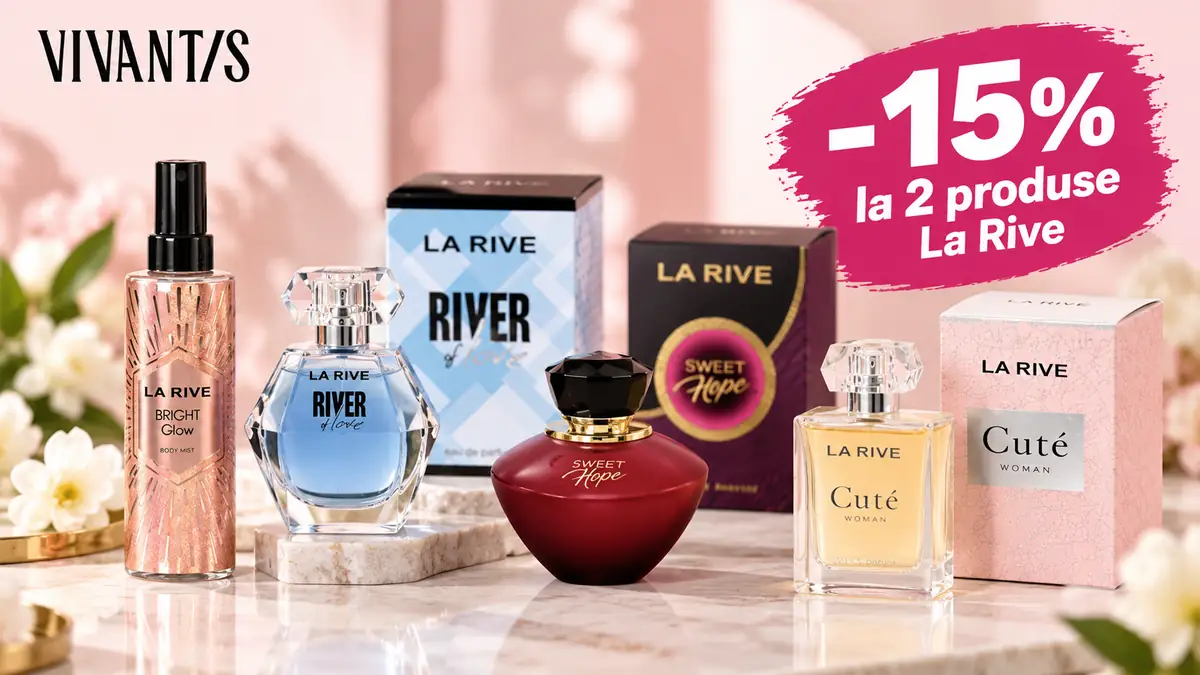 Patru parfumuri La Rive pe fundal roz, cu logo Vivantis și mesajul „-15% la 2 produse La Rive”.