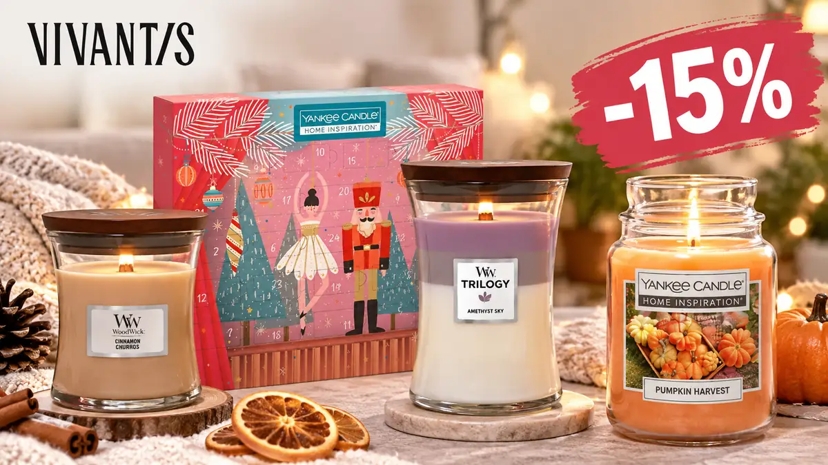 Logo Vivantis, trei lumânări Yankee Candle și WoodWick, cutie cadou și etichetă mare -15%.