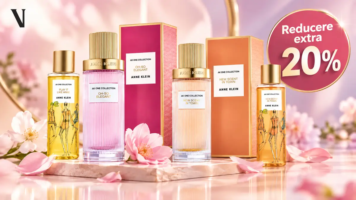 Parfumuri Anne Klein pe fundal floral roz, cu logo Vivantis și insignă „Reducere extra 20%”.