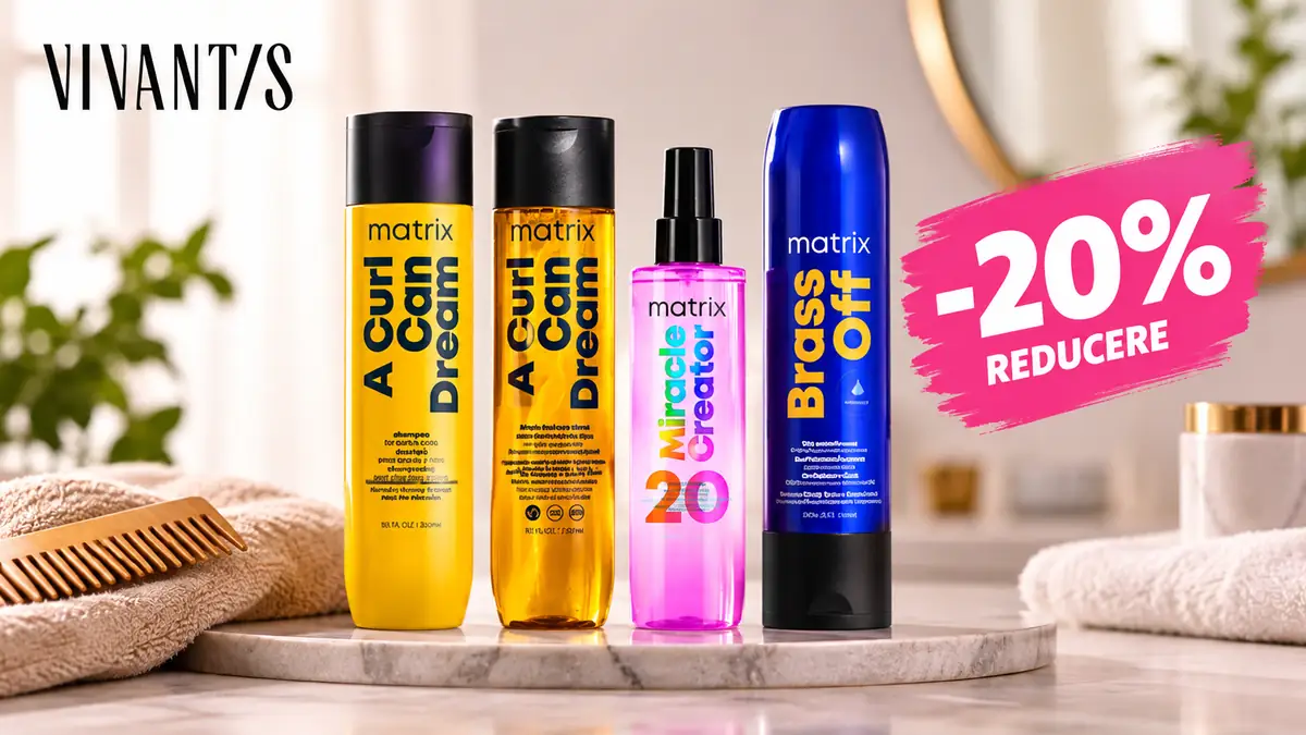 Patru produse Matrix pentru păr, logo Vivantis și mesajul „-20% reducere”, pe un fundal luminos de baie.