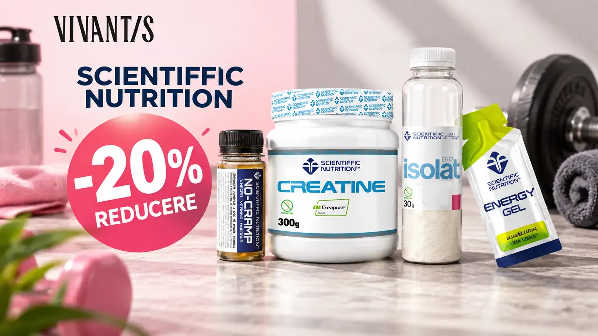Produse Scientific Nutrition pentru sport, alături de mesajul „-20% reducere”, într-un decor de fitness Vivantis.
