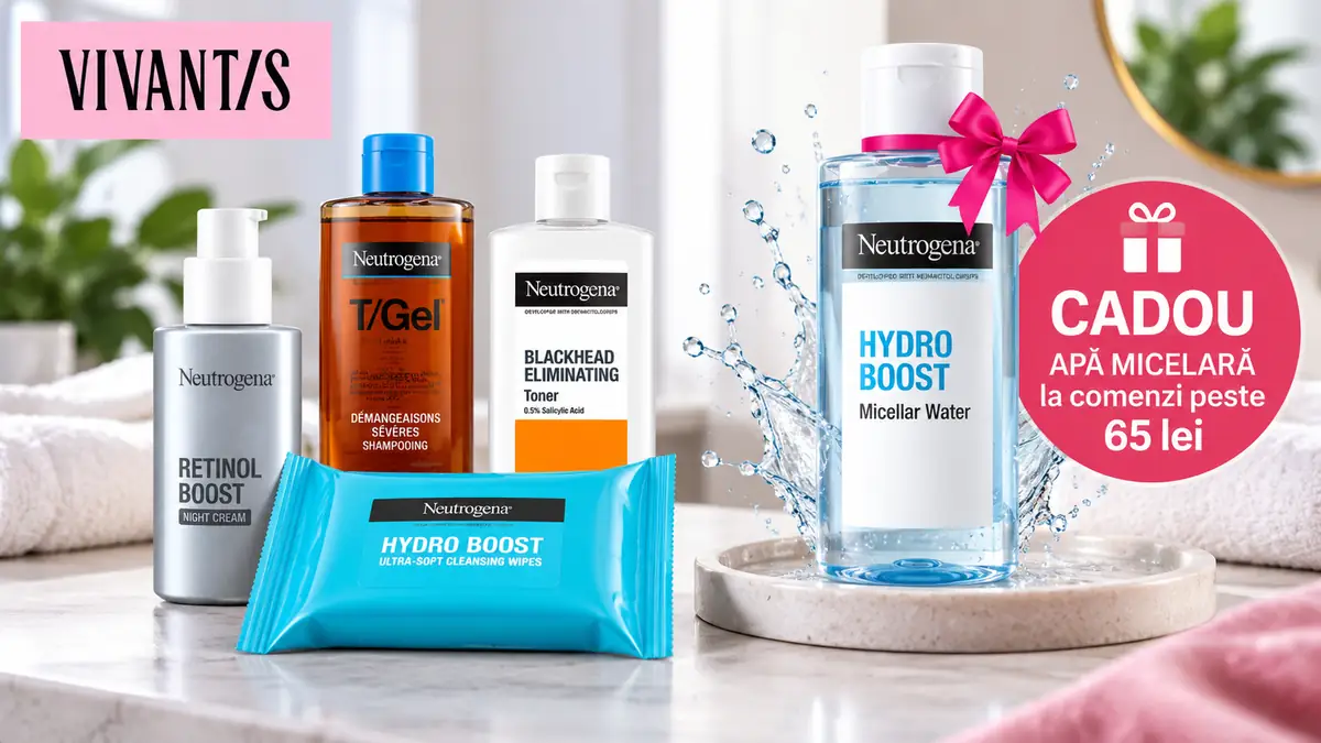 Produse Neutrogena și apă micelară Hydro Boost cadou la comenzi peste 65 lei, cu logo Vivantis.