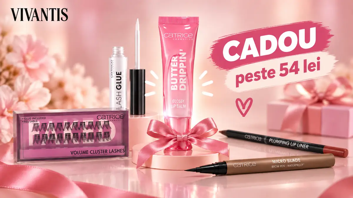 Produse Catrice pe fundal roz, cu balsamul Butter Drippin în centru și mesajul CADOU peste 54 lei.
