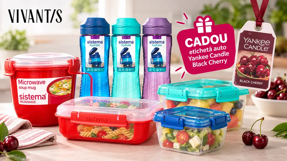 Produse Sistema colorate, sticle și caserole, alături de eticheta auto cadou Yankee Candle Black Cherry.