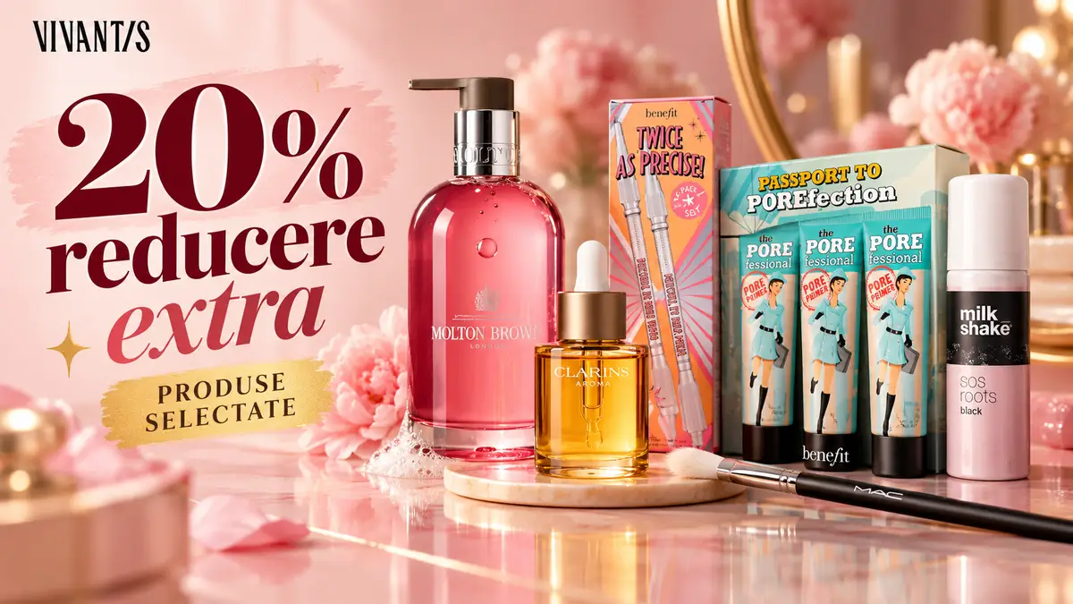 Banner Vivantis cu 20% reducere extra, săpun Molton Brown, ulei Clarins, seturi Benefit și produse cosmetice.