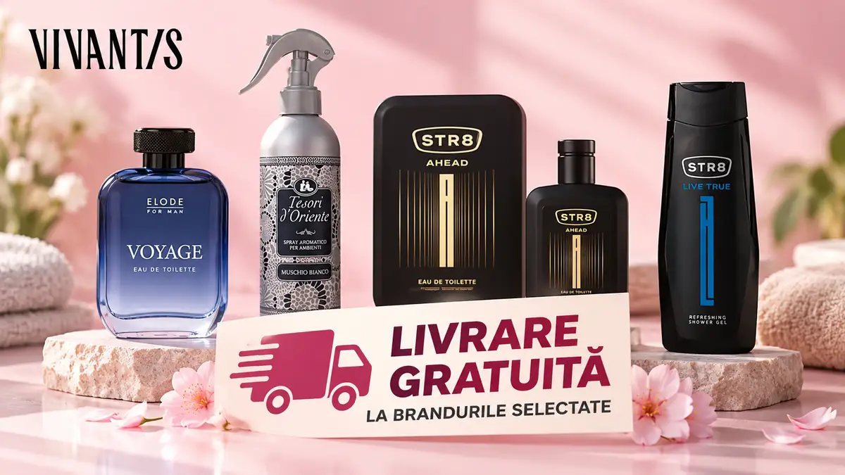 Produse Vivantis Elode, Tesori d’Oriente și STR8 pe fundal roz, cu mesaj mare „Livrare gratuită”.