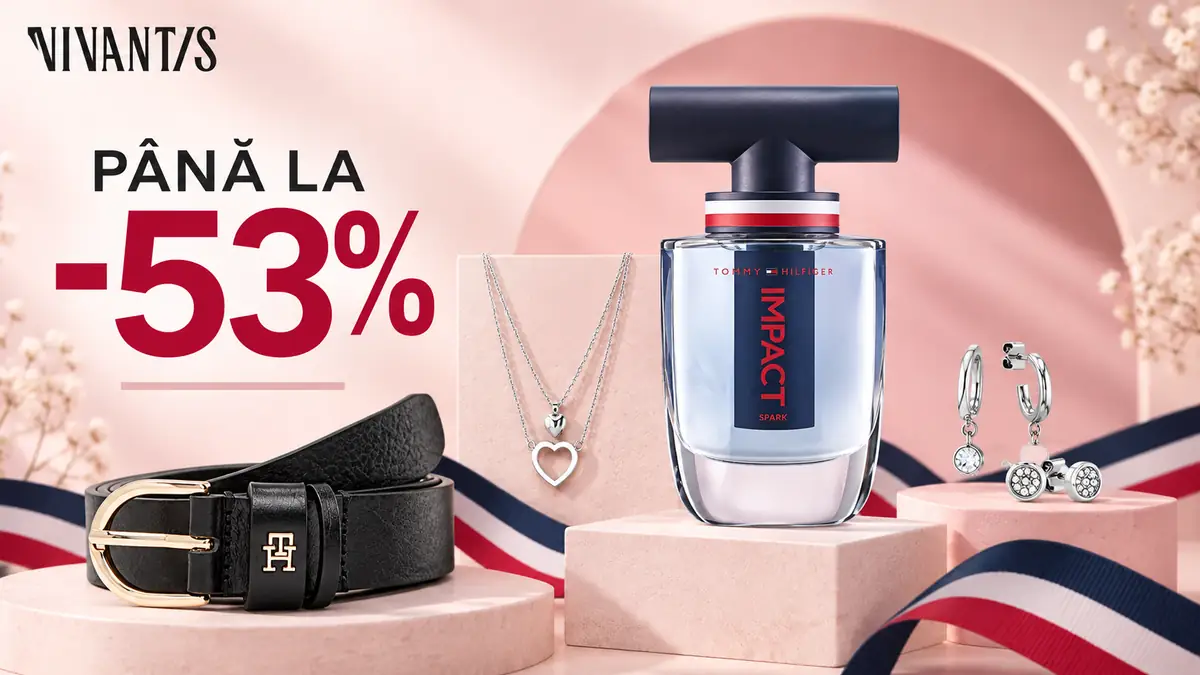 Reducere până la 53% la Vivantis, cu parfum Tommy Hilfiger, curea neagră, colier și cercei argintii.