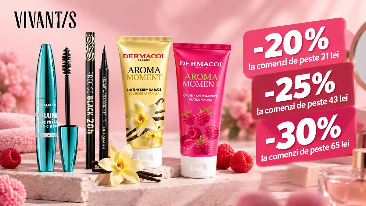 Produse cosmetice Dermacol pe fundal roz, cu reduceri de 20%, 25% și 30% în funcție de valoarea comenzii.