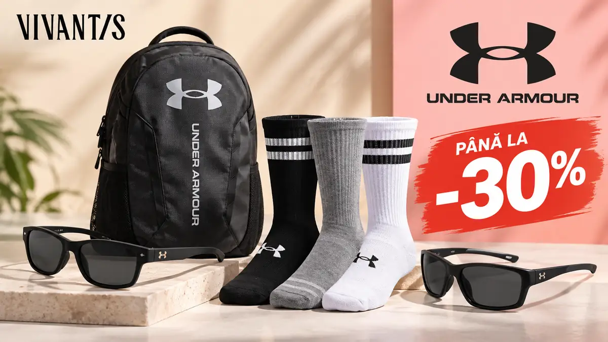 Rucsac, șosete și ochelari Under Armour, cu logo Vivantis și mesaj promoțional „Până la -30%”.