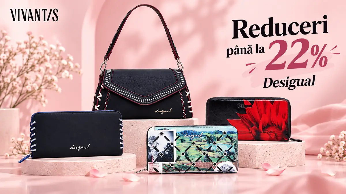 Genți și portofele Desigual pe fundal roz, cu text „Reduceri până la 22%” și logo Vivantis.