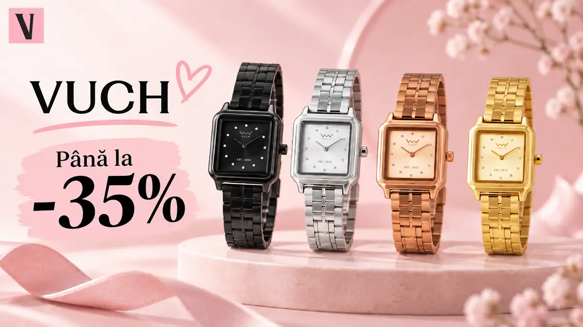 Patru ceasuri VUCH negre, argintii, rose gold și aurii, pe fundal roz, cu mesajul „Până la -35%”.