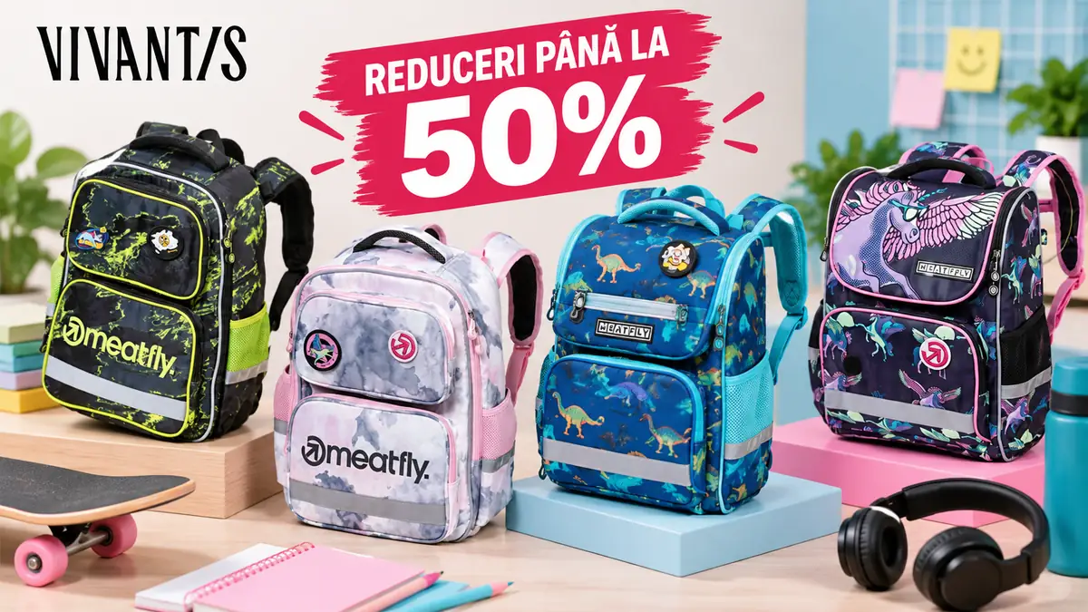 Patru ghiozdane Meatfly colorate, pe fundal pastel, cu mesajul Reduceri până la 50% și logo Vivantis.