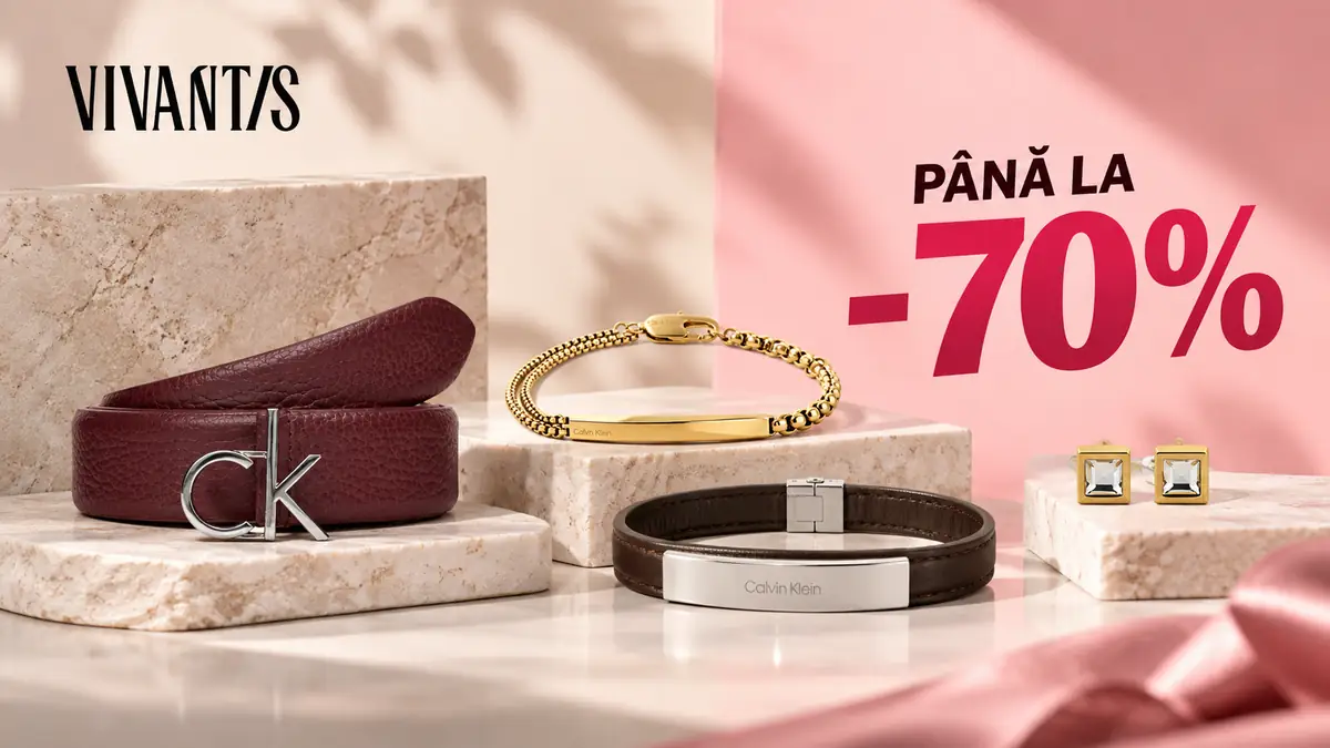 Accesorii Calvin Klein pe suporturi din piatră, cu logo Vivantis și text Până la -70% pe fundal roz.