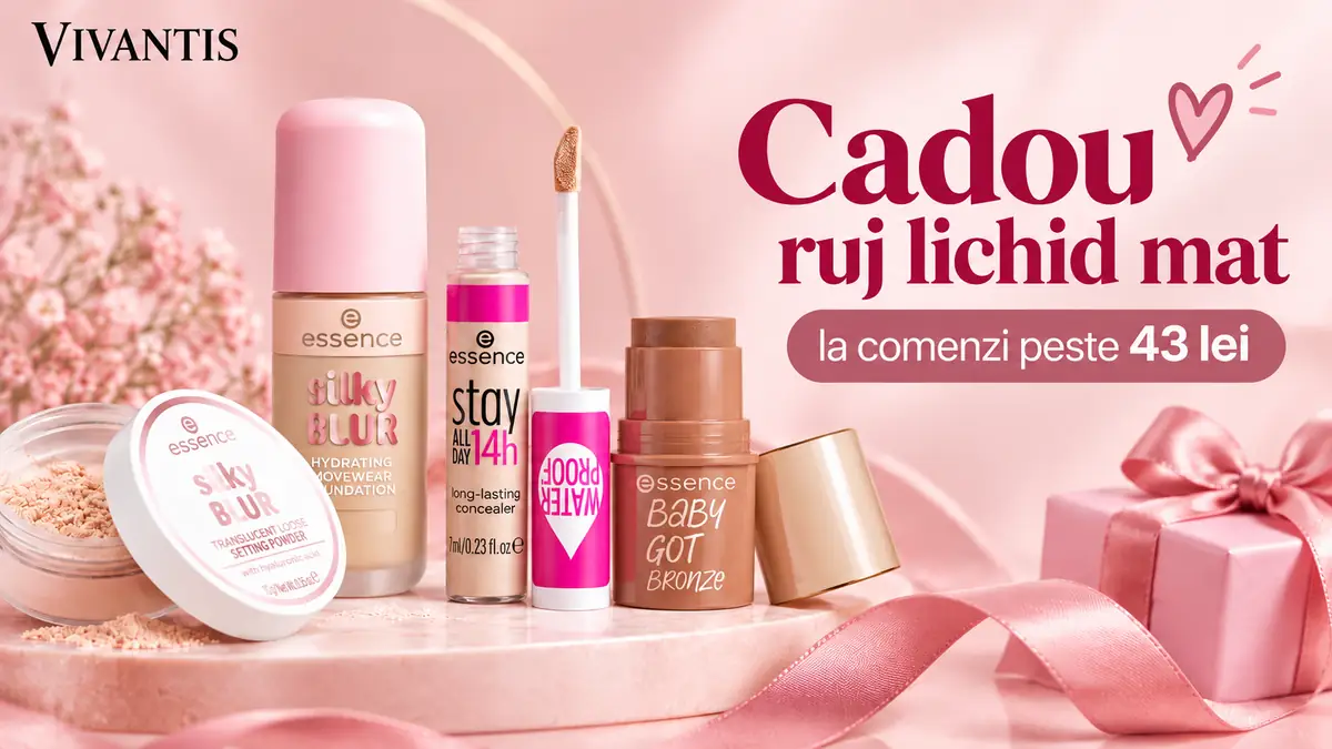 Produse essence pe fundal roz, cu logo Vivantis și mesajul: cadou ruj lichid mat la comenzi peste 43 lei.