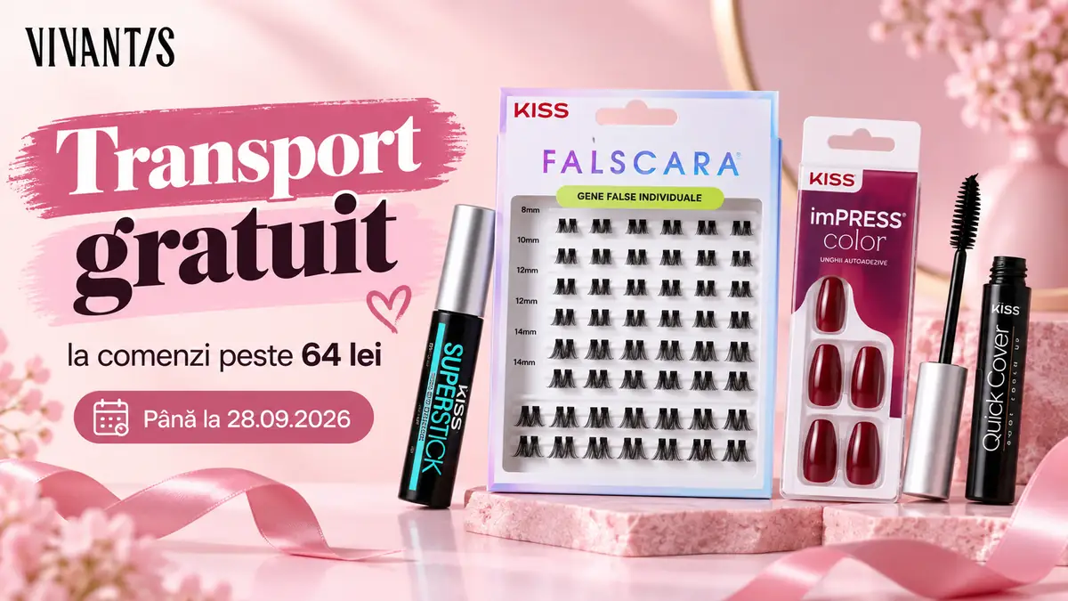 Produse KISS pentru gene și unghii, cu mesaj de transport gratuit la comenzi peste 64 lei pe Vivantis.