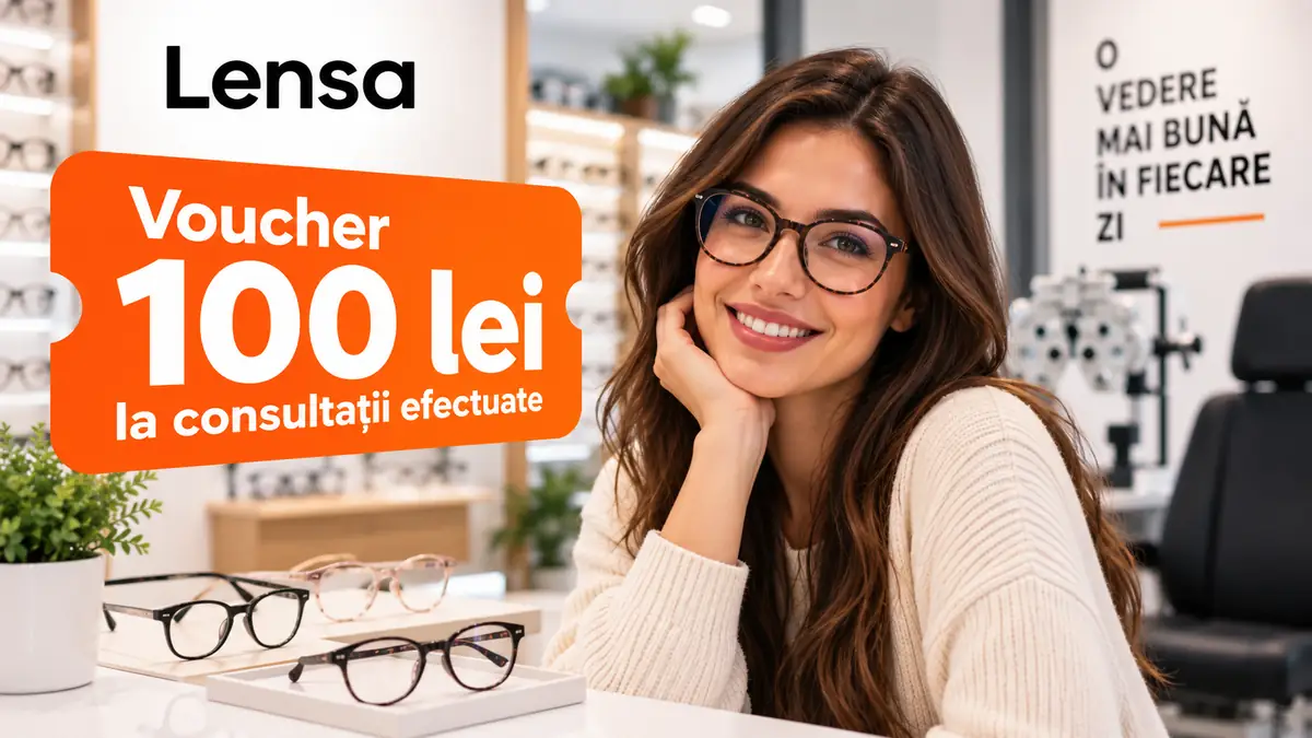 Voucher Lensa de 100 lei pentru consultații, alături de o femeie cu ochelari într-un magazin de optică.