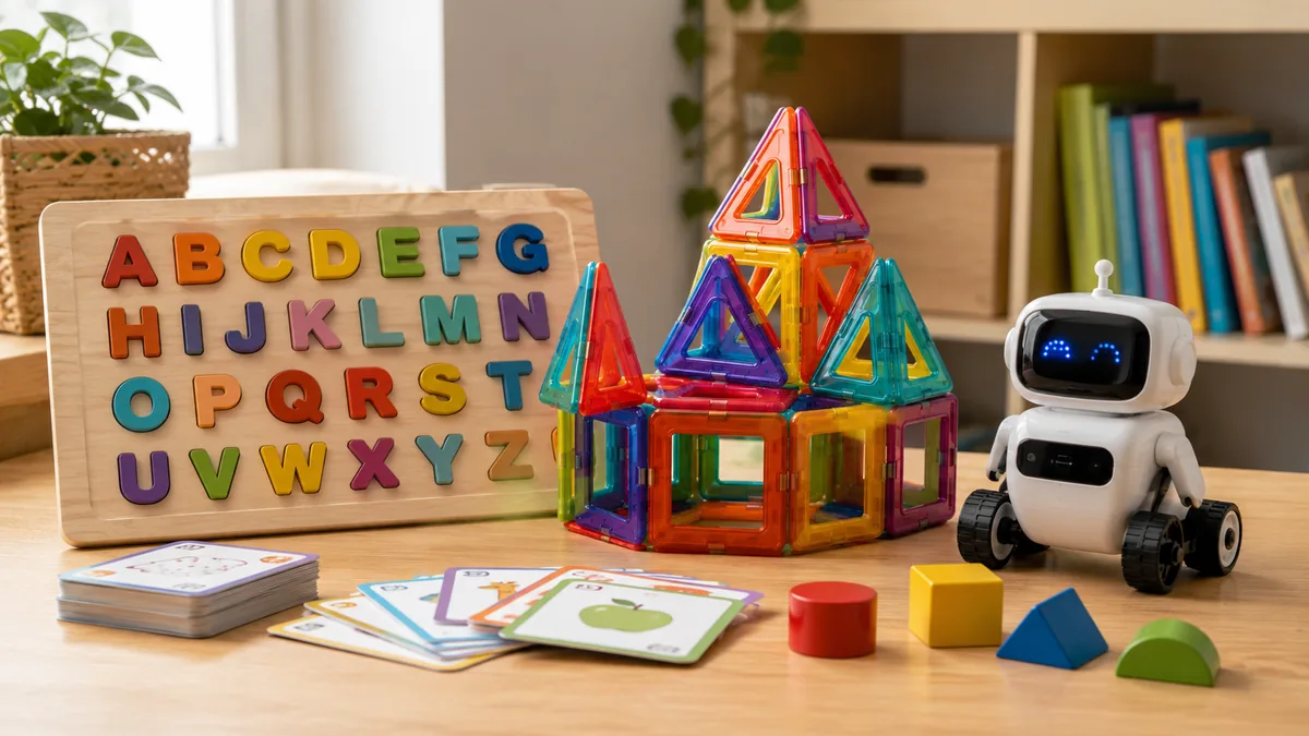 Set de jucării educative pentru începutul școlii, prezentate pe masă într-o ofertă avantajoasă pentru învățare prin joacă.