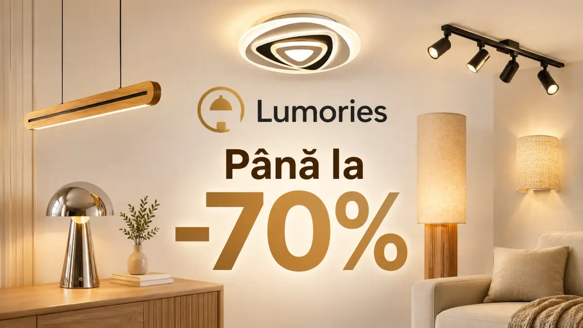 Banner Lumories cu corpuri de iluminat moderne și mesaj promoțional „Până la -70%”.