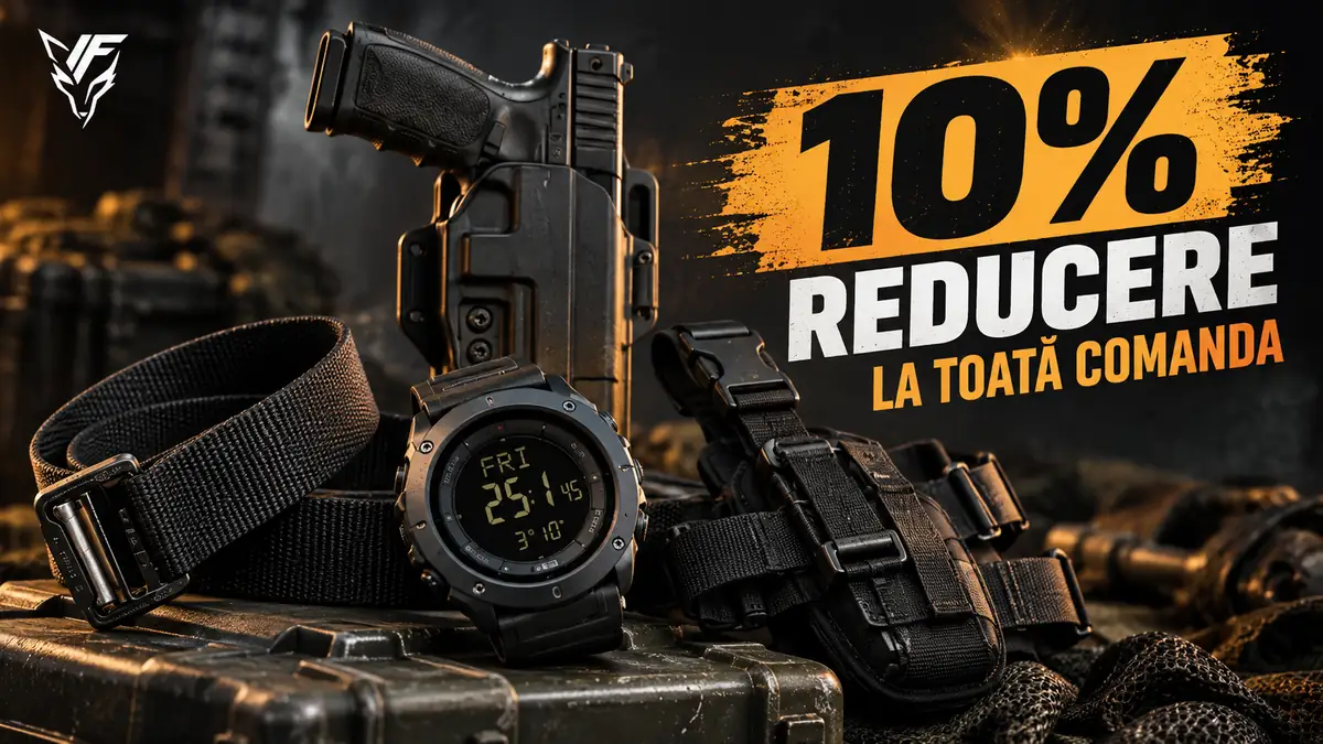 Ceas tactic, curea și tocuri Wolfy pe fundal întunecat, cu mesajul 10% reducere la toată comanda.