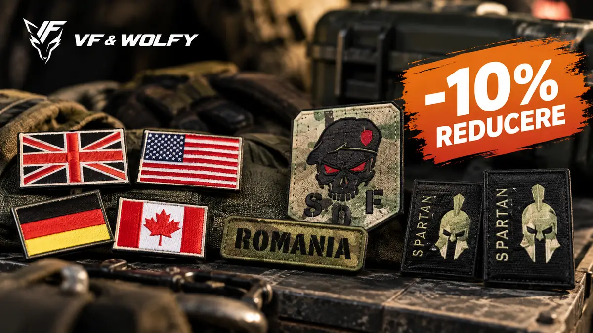 Patch-uri tactice VF&Wolfy pe echipament militar, cu steaguri, România, craniu SOF și reducere de 10%.