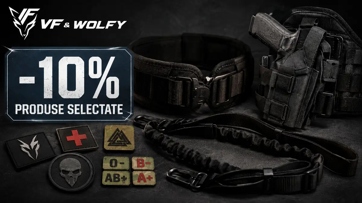 Echipamente tactice Wolfy cu centură, toc, curea și patch-uri, promovate cu reducere de 10% la produse selectate.