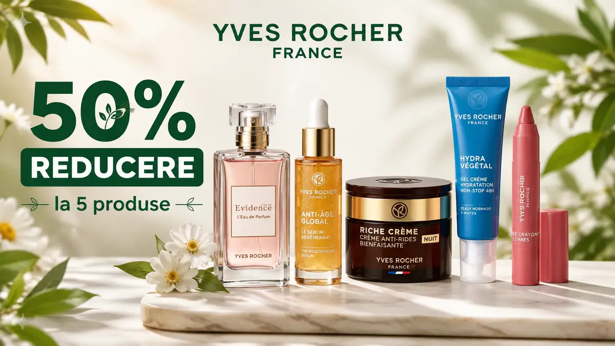 Produse Yves Rocher pentru îngrijire și parfum, alături de mesajul „50% reducere la 5 produse”.