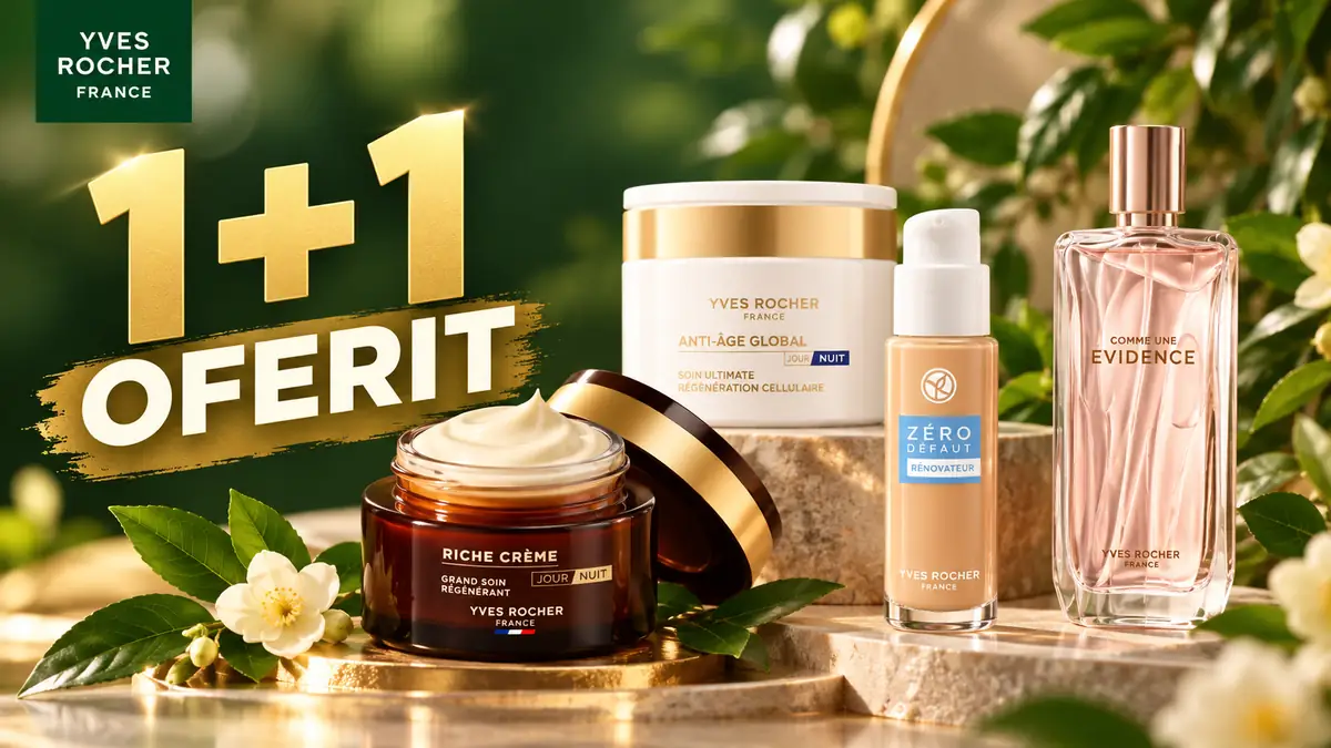 Ofertă Yves Rocher 1+1 oferit, cu patru produse cosmetice, creme, fond de ten și parfum, pe fundal verde cu flori.